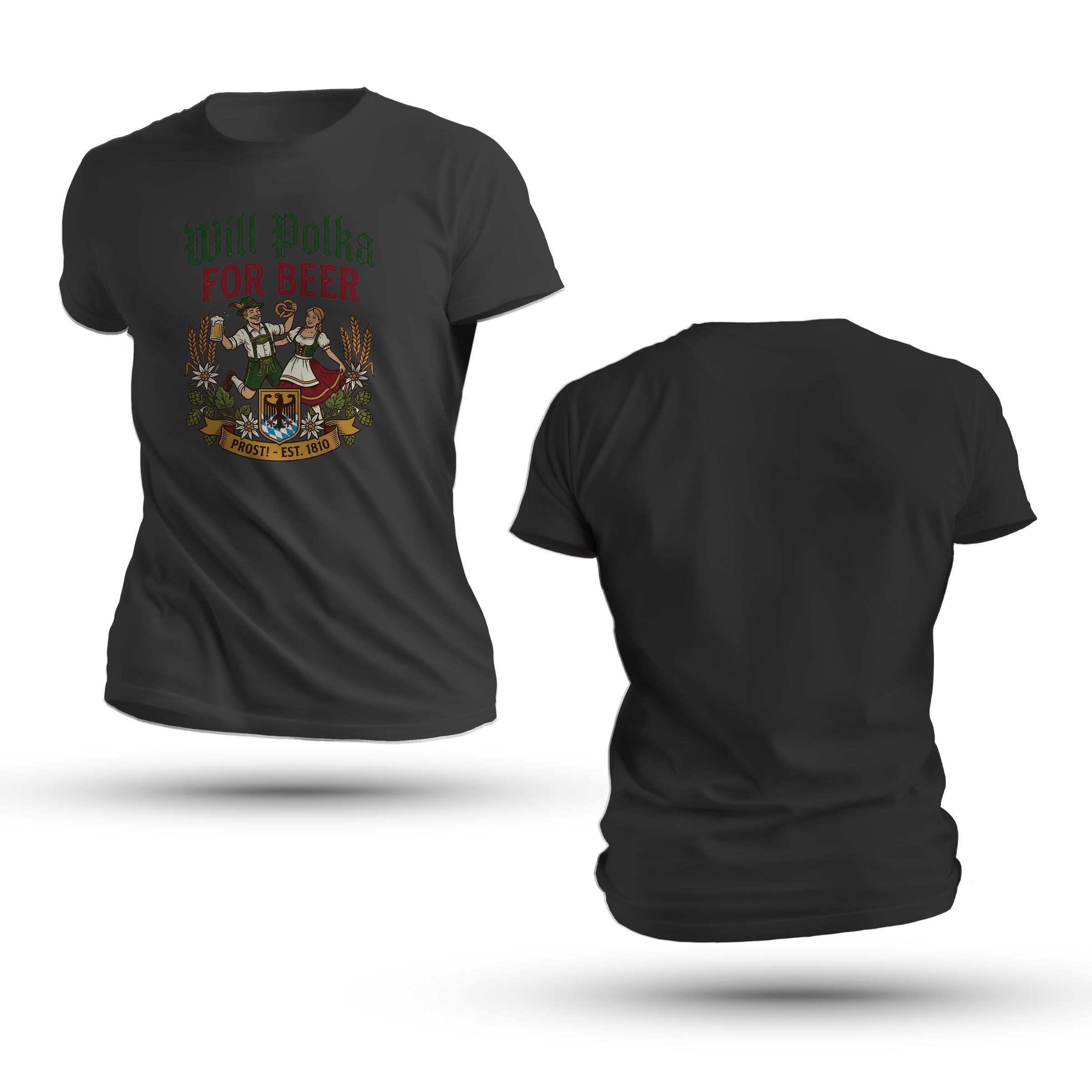 Bavarian Polka Beer Shirt featuring a dancing couple, pretzel, beer stein, and Will Polka For Beer slogan with German eagle crest.