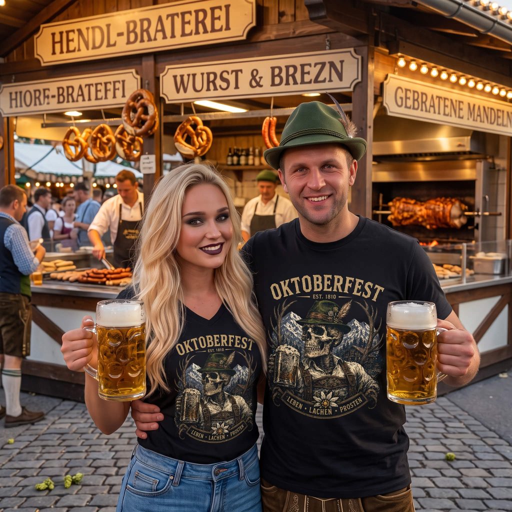 ederhosen Skull Oktoberfest Shirt featuring a skeleton in lederhosen holding a beer stein with alpine mountains, antlers, and Leben Lachen Prosten banner.