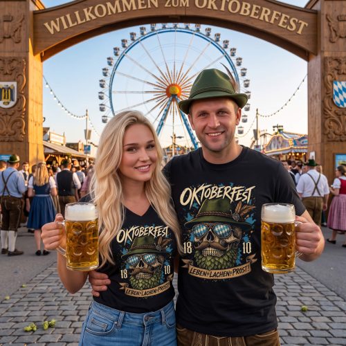 Live Laugh Prost Oktoberfest Shirt featuring a bearded skull in checkered sunglasses and feathered hat with a Leben Lachen Prost banner.