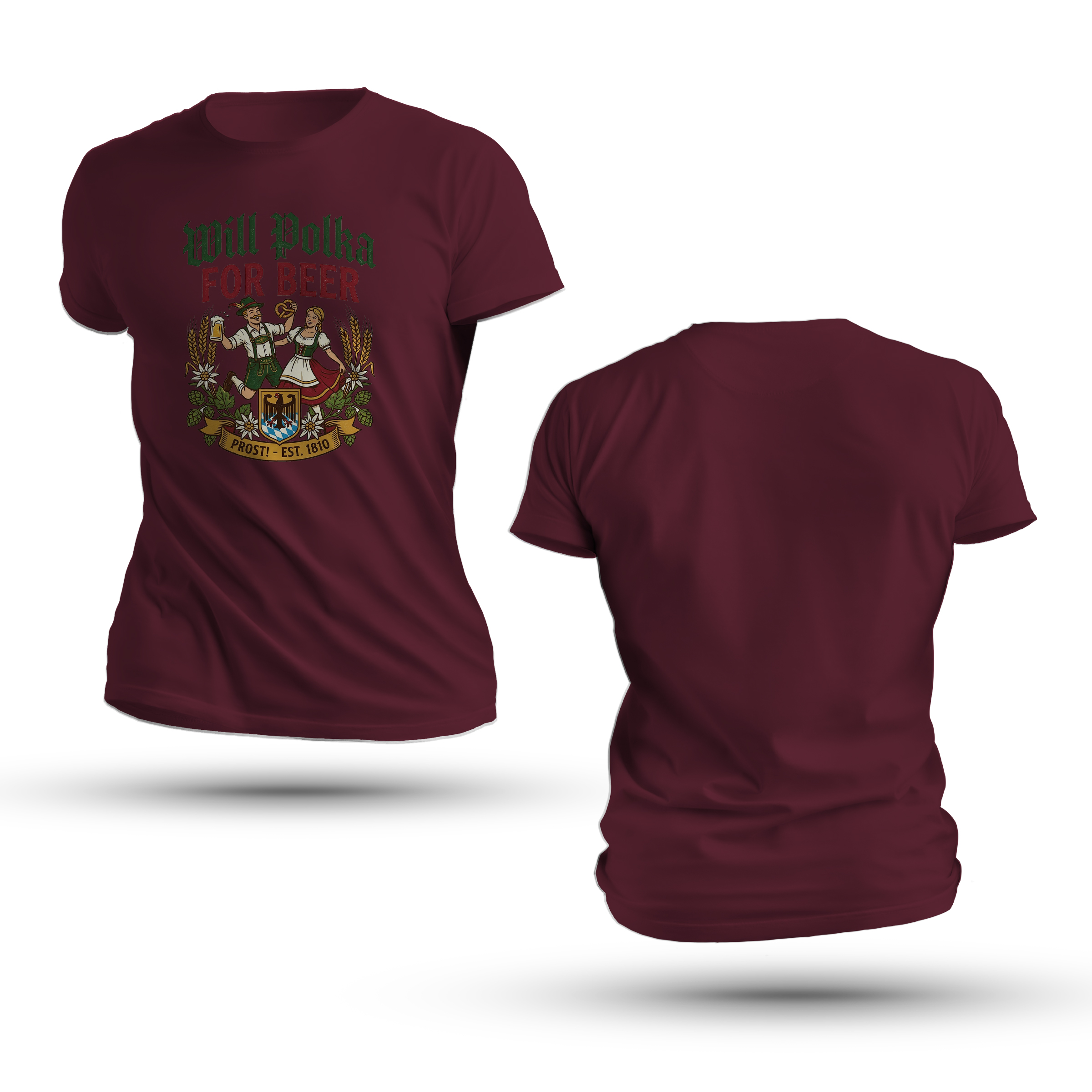 Bavarian Polka Beer Shirt featuring a dancing couple, pretzel, beer stein, and Will Polka For Beer slogan with German eagle crest.