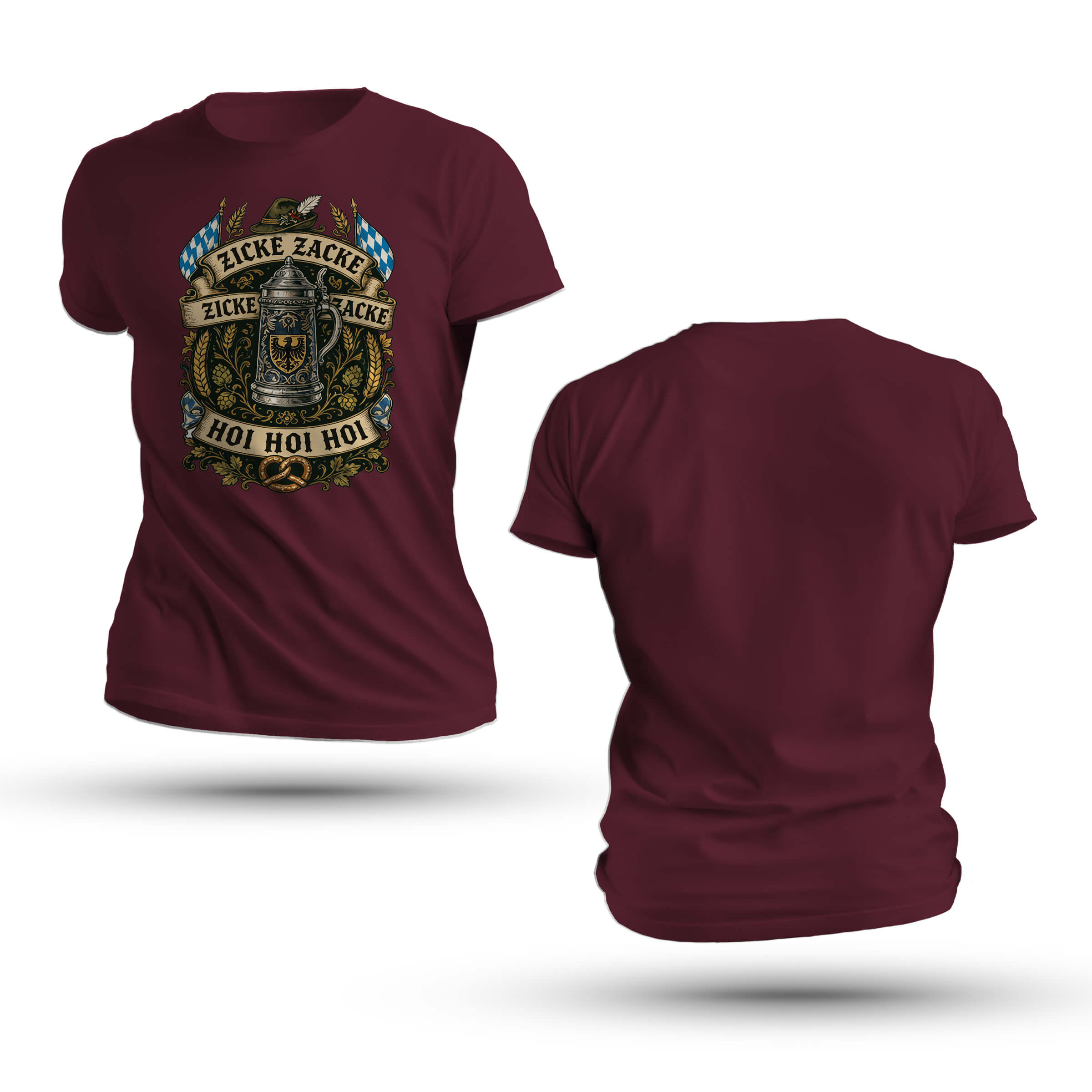 Zicke Zacke Stein Shirt featuring a traditional lidded ceramic beer stein, Bavarian flags, alpine hat, pretzel, and Zicke Zacke Hoi Hoi Hoi banners.