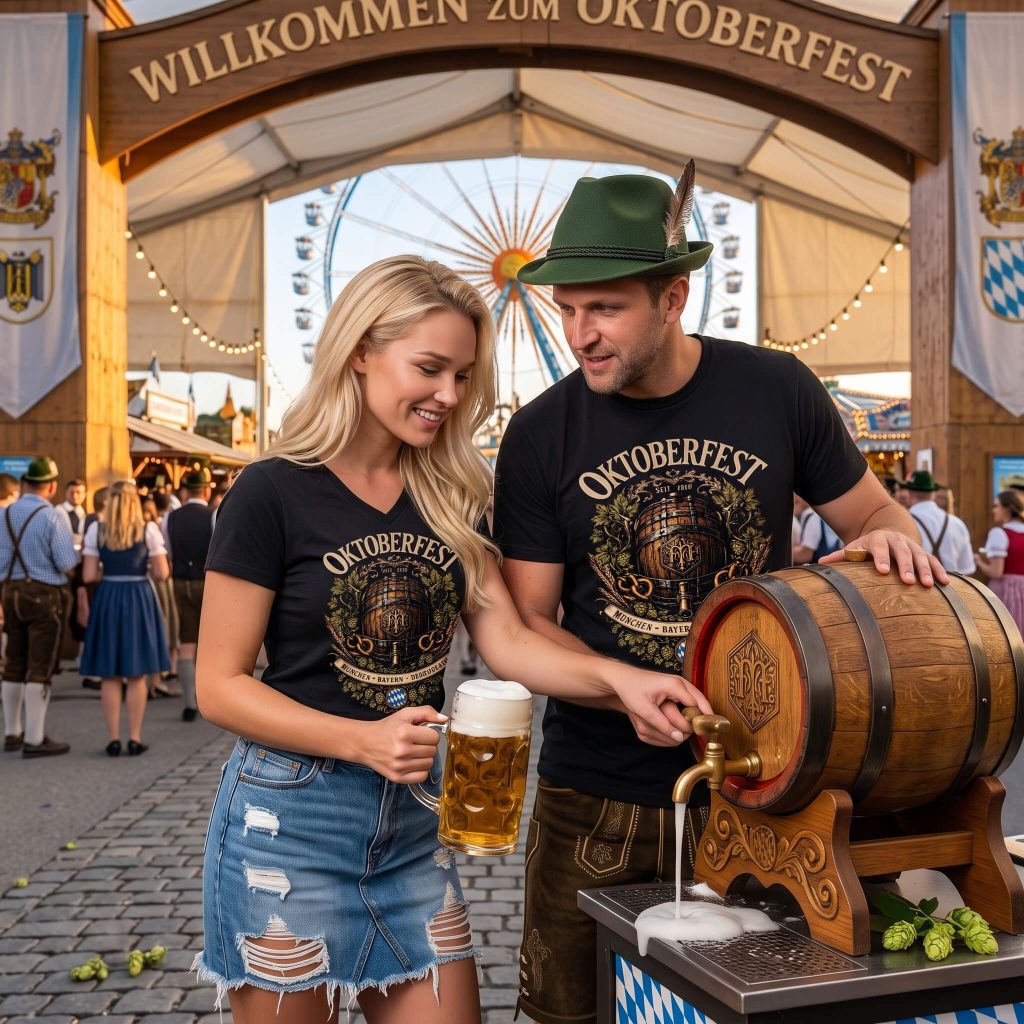 Munich Bavaria Oktoberfest Shirt featuring a wooden beer keg with tap, pretzels, hops, and München Bayern Deutschland banner.