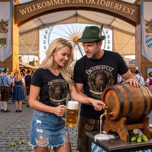 Munich Bavaria Oktoberfest Shirt featuring a wooden beer keg with tap, pretzels, hops, and München Bayern Deutschland banner.