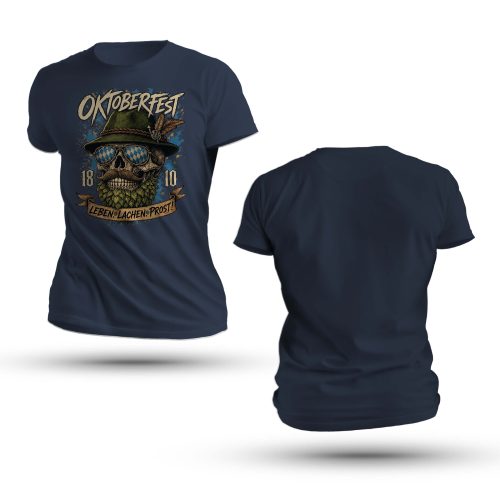 Live Laugh Prost Oktoberfest Shirt featuring a bearded skull in checkered sunglasses and feathered hat with a Leben Lachen Prost banner.