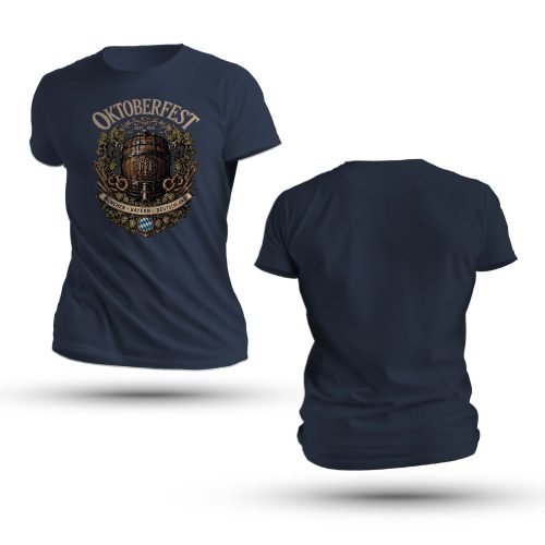Munich Bavaria Oktoberfest Shirt featuring a wooden beer keg with tap, pretzels, hops, and München Bayern Deutschland banner.
