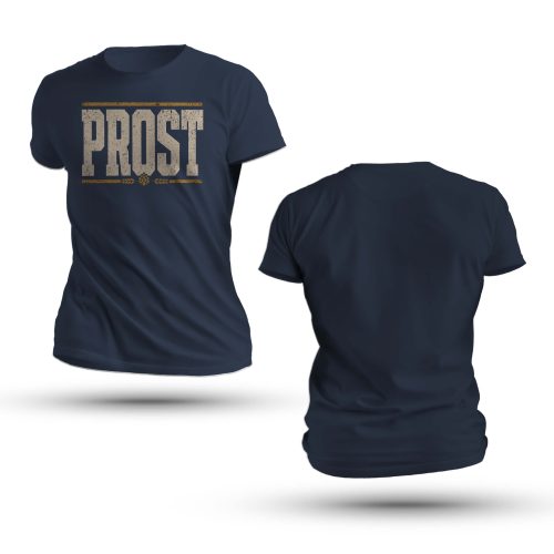 Distressed Prost Oktoberfest Shirt featuring bold PROST block lettering with golden hop and wheat accents.