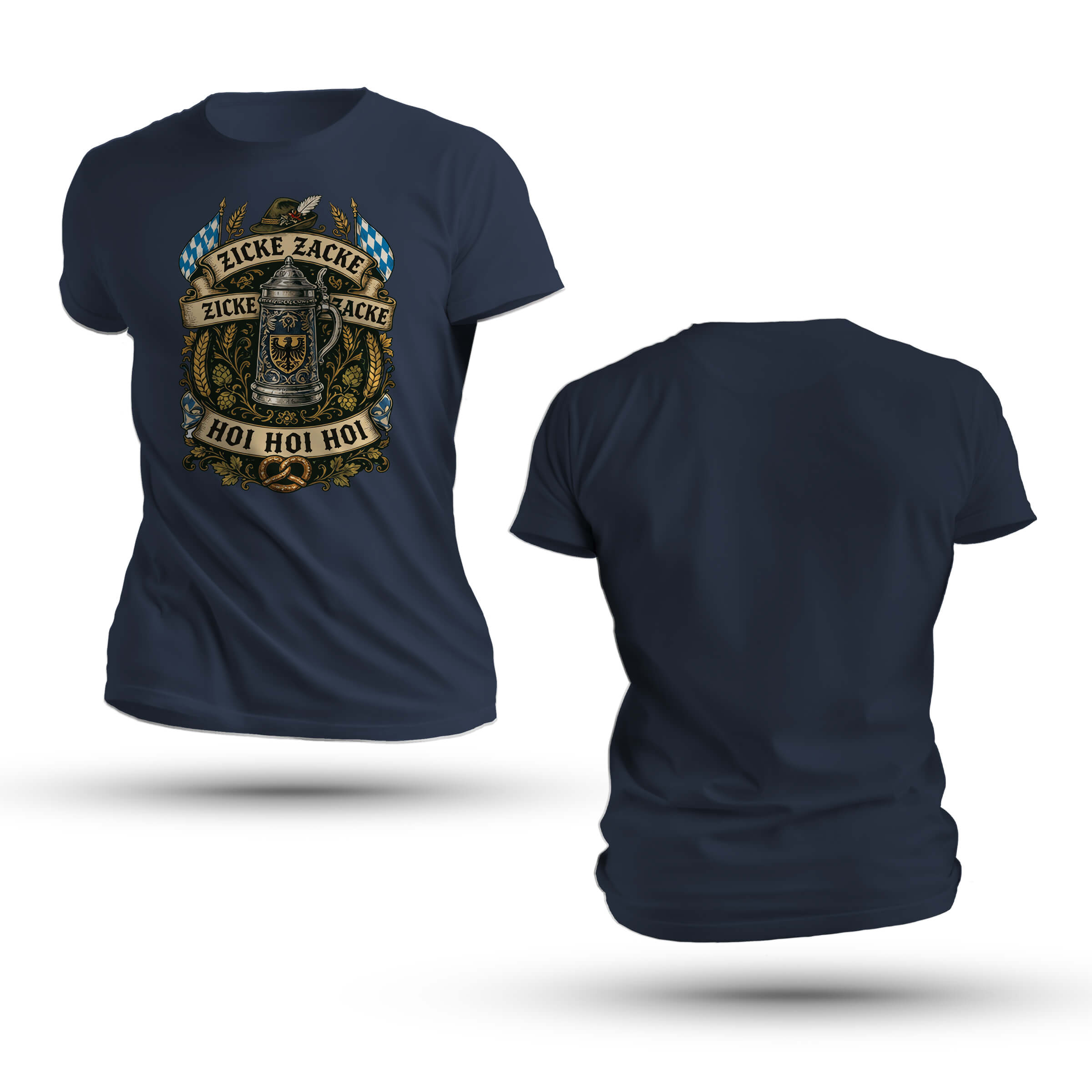 Zicke Zacke Stein Shirt featuring a traditional lidded ceramic beer stein, Bavarian flags, alpine hat, pretzel, and Zicke Zacke Hoi Hoi Hoi banners.