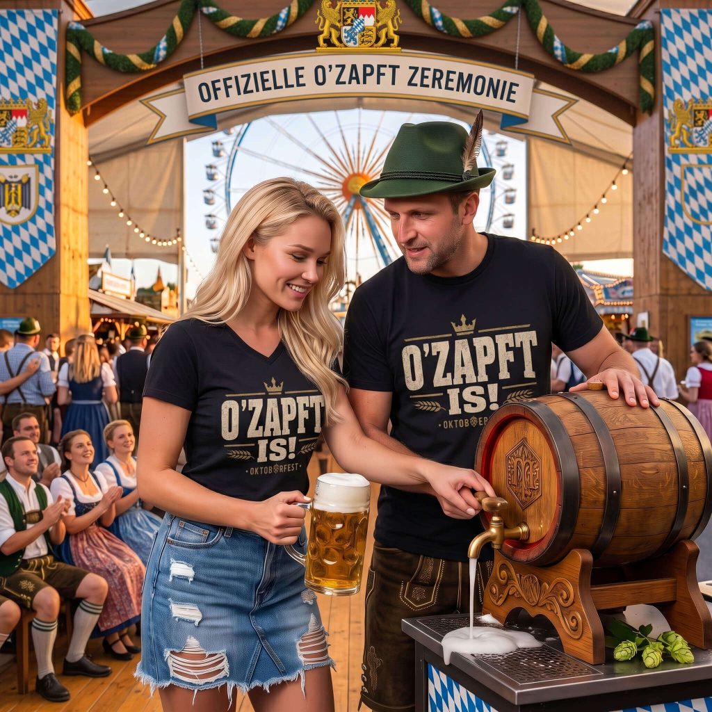 O'zapft Is Oktoberfest Shirt featuring distressed vintage text O'Zapft Is! with a crown, wheat ears, and Oktoberfest print.