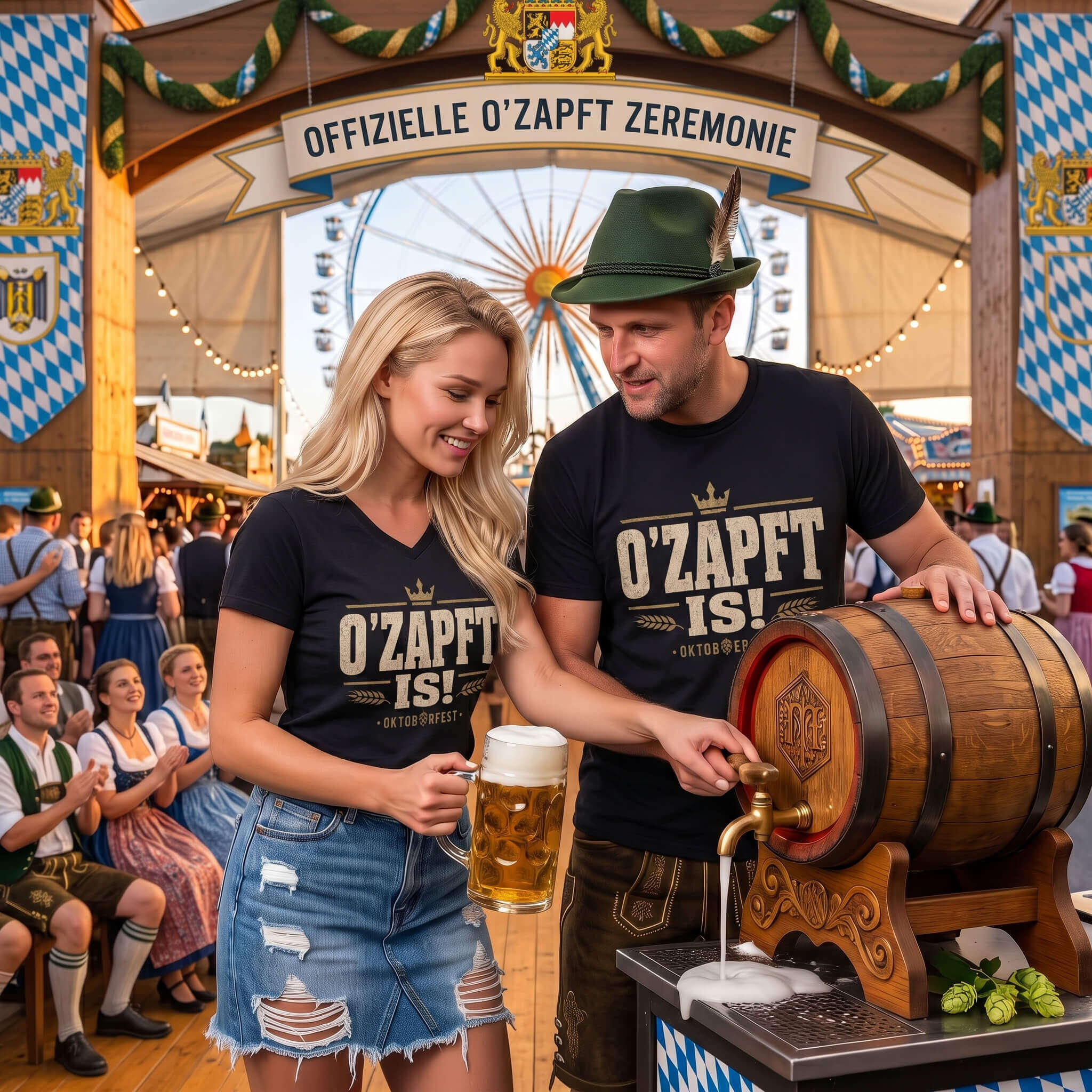 O'zapft Is Oktoberfest Shirt featuring distressed vintage text O'Zapft Is! with a crown, wheat ears, and Oktoberfest print.