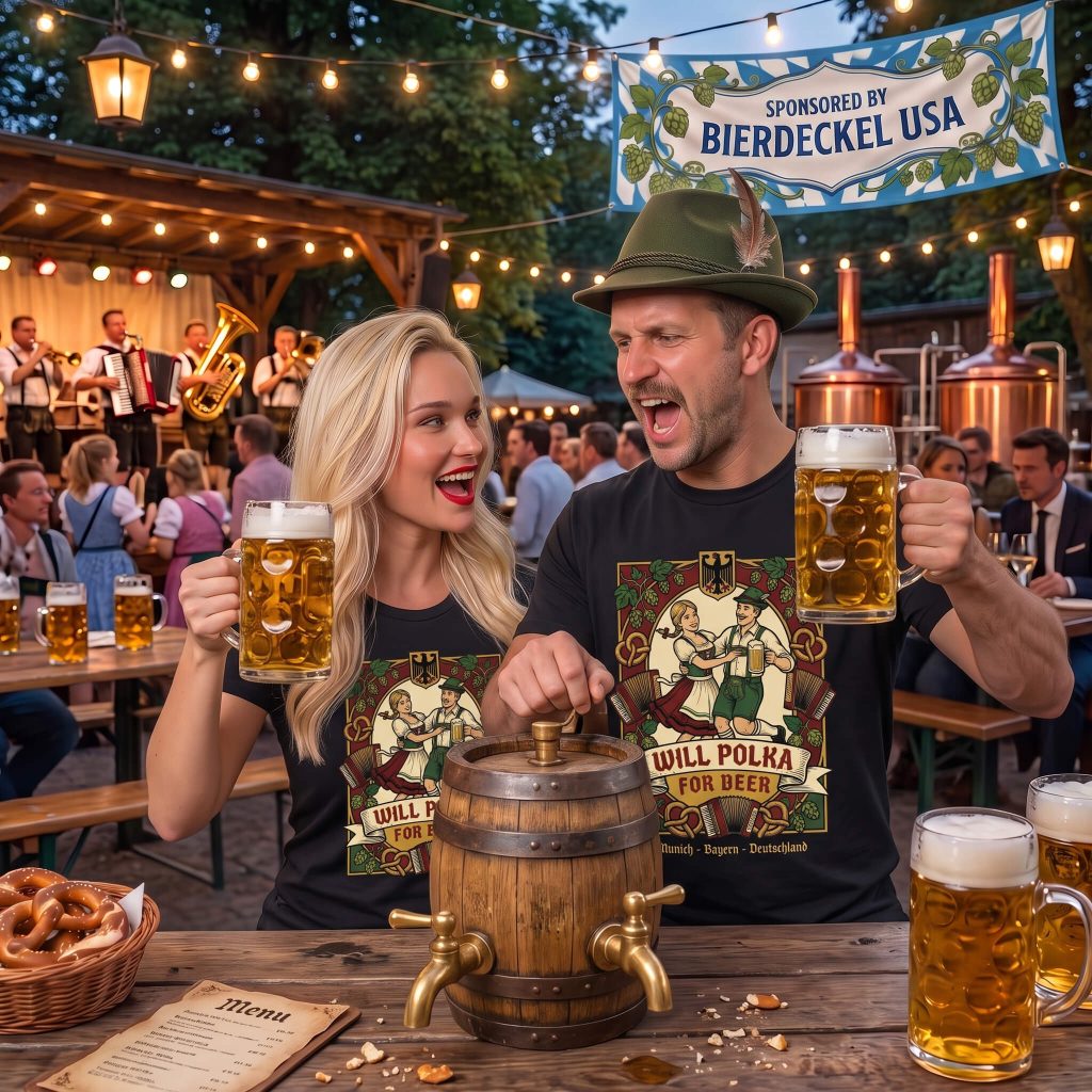 Will Polka For Beer Shirt featuring a vintage illustration of a dancing Bavarian couple in traditional dress with accordions and beer banner