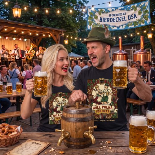 Will Polka For Beer Shirt featuring a vintage illustration of a dancing Bavarian couple in traditional dress with accordions and beer banner