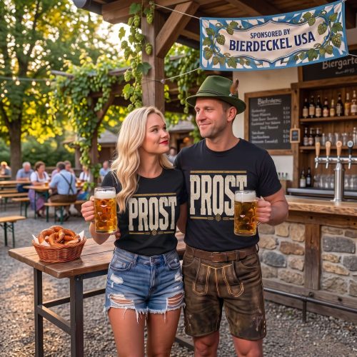 Distressed Prost Oktoberfest Shirt featuring bold PROST block lettering with golden hop and wheat accents.