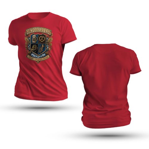 Eat Drink Fun Oktoberfest Shirt featuring a Bavarian coat of arms with beer stein, pretzel, hat, tuba, and Essen Trinken Feiern banner.