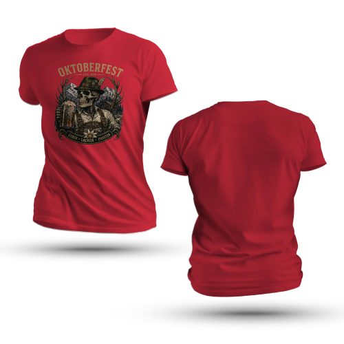 Lederhosen Skull Oktoberfest Shirt featuring a skeleton in lederhosen holding a beer stein with alpine mountains, antlers, and Leben Lachen Prosten banner.