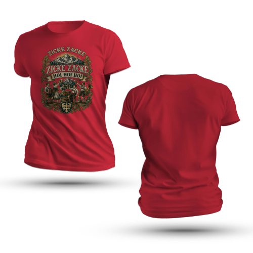 Zicke Zacke Oktoberfest Shirt featuring a celebrating beer garden band, mountain peak, and Zicke Zacke Hoi Hoi Hoi banner.