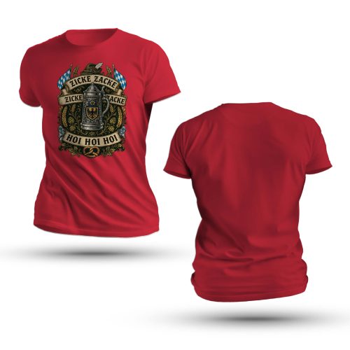Zicke Zacke Stein Shirt featuring a traditional lidded ceramic beer stein, Bavarian flags, alpine hat, pretzel, and Zicke Zacke Hoi Hoi Hoi banners.