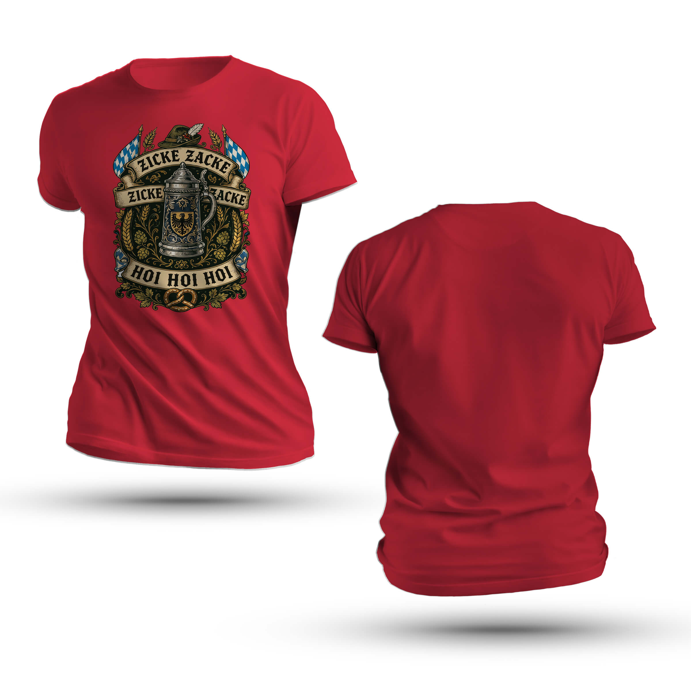 Zicke Zacke Stein Shirt featuring a traditional lidded ceramic beer stein, Bavarian flags, alpine hat, pretzel, and Zicke Zacke Hoi Hoi Hoi banners.