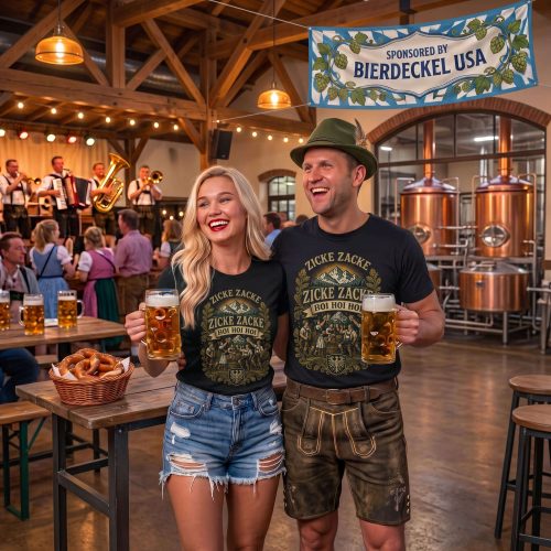 Zicke Zacke Oktoberfest Shirt featuring a celebrating beer garden band, mountain peak, and Zicke Zacke Hoi Hoi Hoi banner.