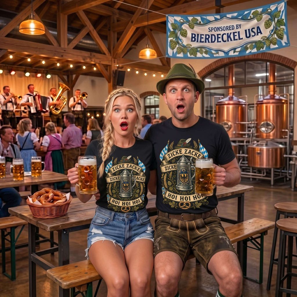 Zicke Zacke Stein Shirt featuring a traditional lidded ceramic beer stein, Bavarian flags, alpine hat, pretzel, and Zicke Zacke Hoi Hoi Hoi banners